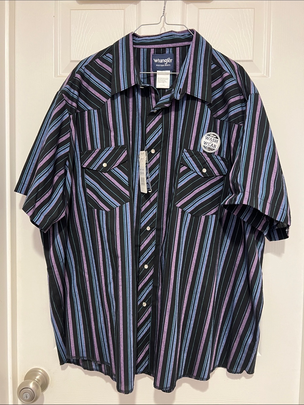 Wrangler Men’s Short-Sleeve Striped Button-Down Western in Black, Blue & Purple